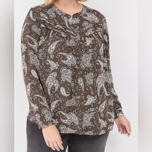 Lane Bryant Brown Paisley Long Sleeve CrewNeck Pintuck Popover Peasant Blouse